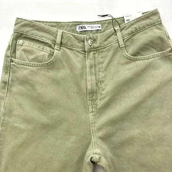 NWT Zara Sage Green High Waist 100% Cotton Raw Hem Ankle Straight Jean Size 10 - Picture 7 of 15